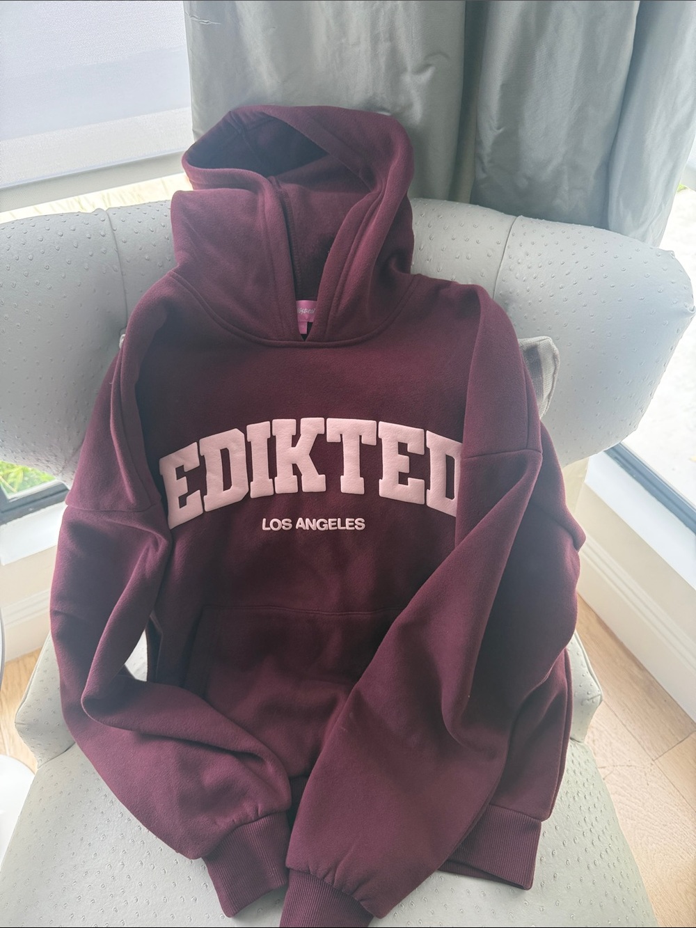 Edikted Burgundy Maroon Hoodie with Pink Logo
